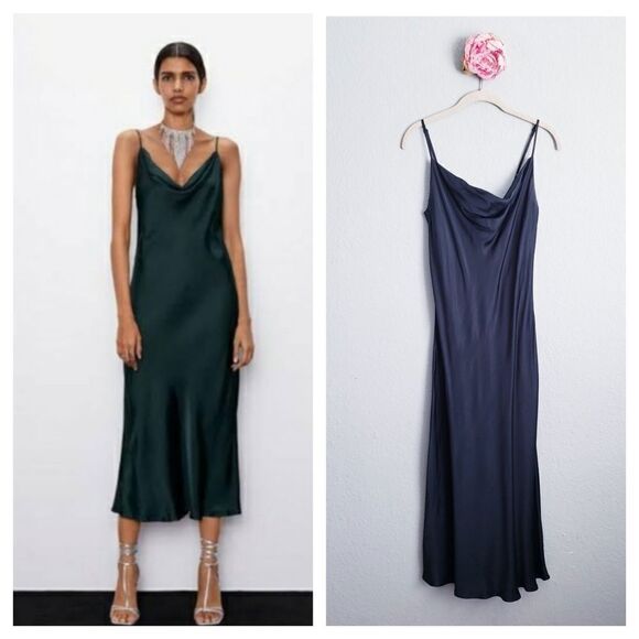 Zara Drape Neck Satin Slip Dress - Picture 1 of 8